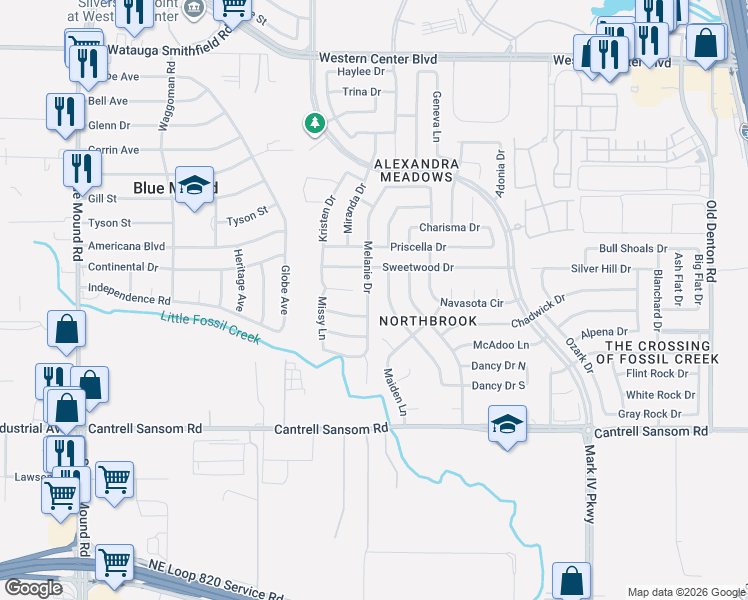 map of restaurants, bars, coffee shops, grocery stores, and more near 2225 Sweetwood Drive in Fort Worth