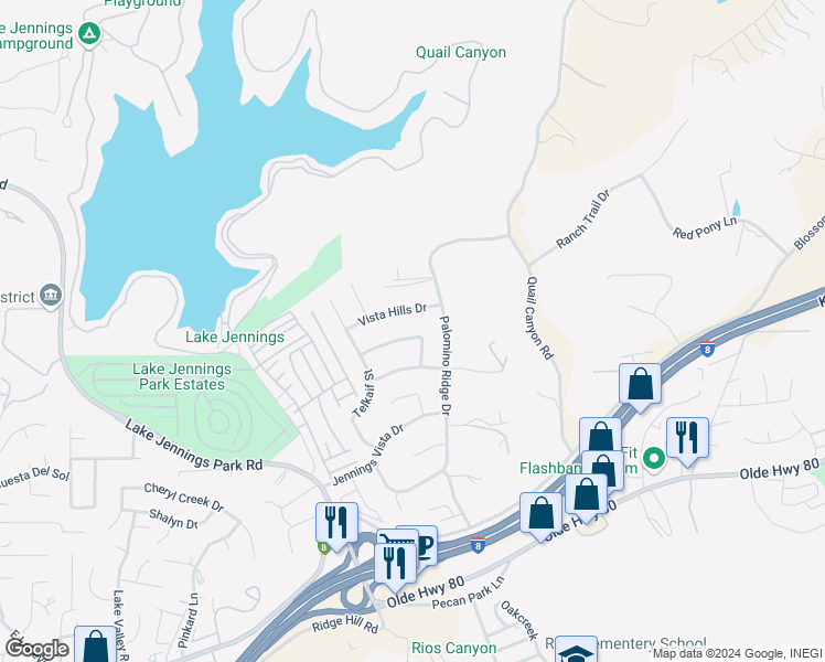 map of restaurants, bars, coffee shops, grocery stores, and more near 14276 Jennings Vista Way in Lakeside