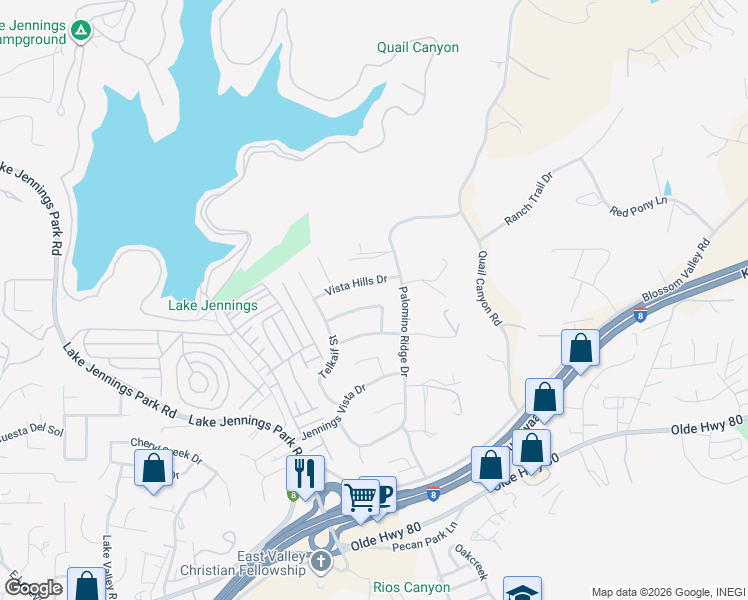 map of restaurants, bars, coffee shops, grocery stores, and more near 14276 Jennings Vista Way in Lakeside