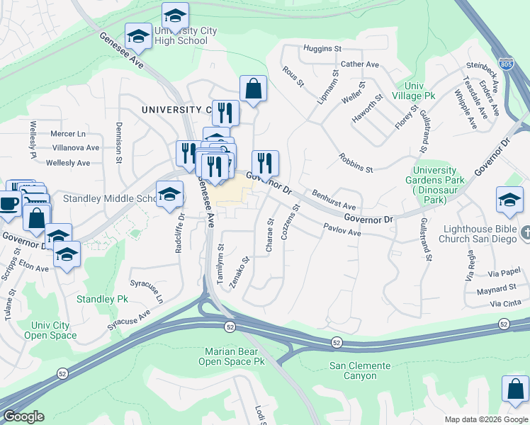map of restaurants, bars, coffee shops, grocery stores, and more near 6194 Agee Street in San Diego