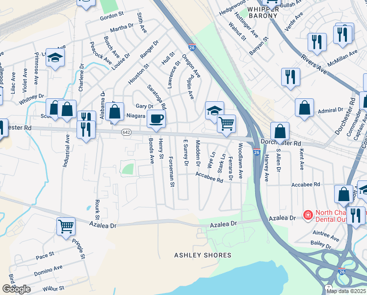 map of restaurants, bars, coffee shops, grocery stores, and more near 2705 East Surrey Drive in North Charleston