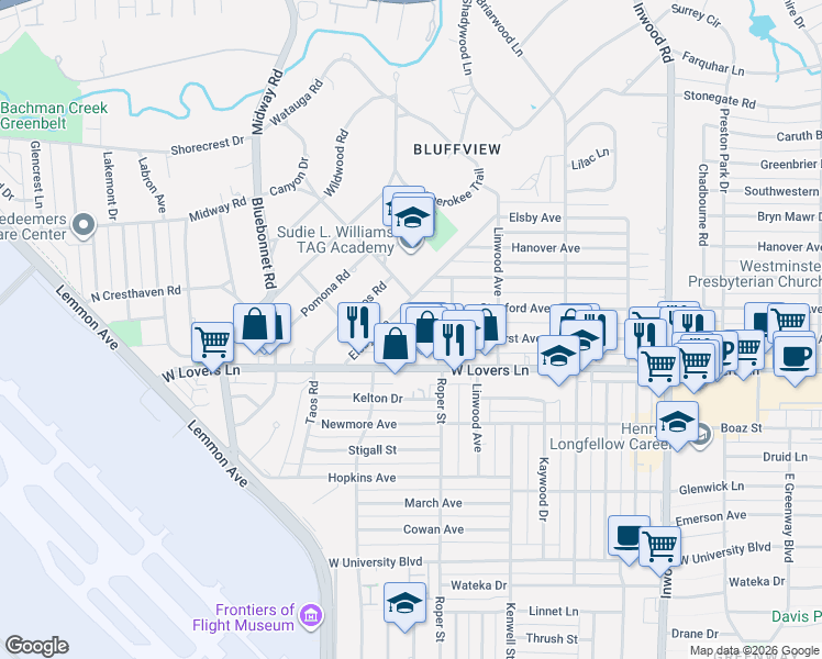map of restaurants, bars, coffee shops, grocery stores, and more near 4616 Stanford Avenue in Dallas