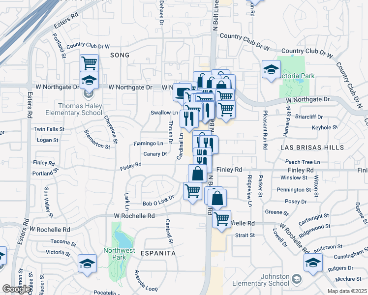 map of restaurants, bars, coffee shops, grocery stores, and more near 3400 Cardinal Lane in Irving