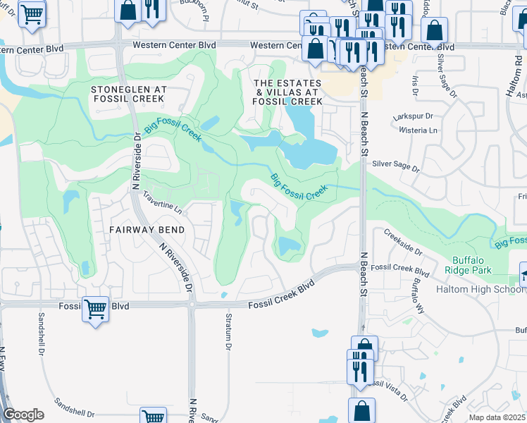 map of restaurants, bars, coffee shops, grocery stores, and more near 4152 Shores Court in Fort Worth