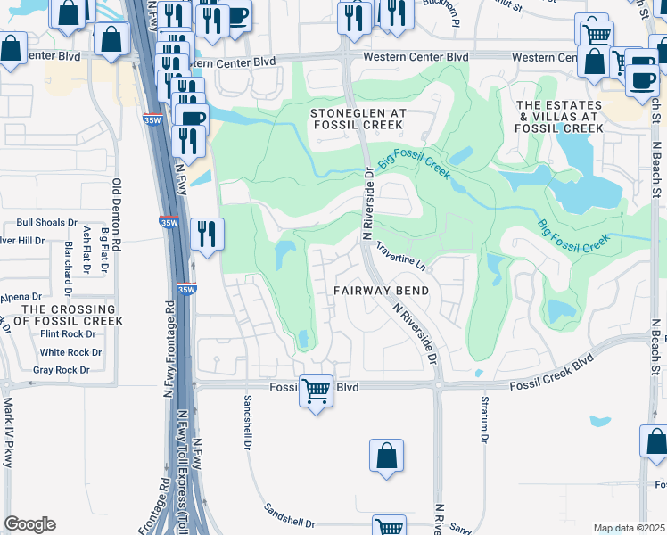 map of restaurants, bars, coffee shops, grocery stores, and more near 6001 Aimsley Court in Fort Worth