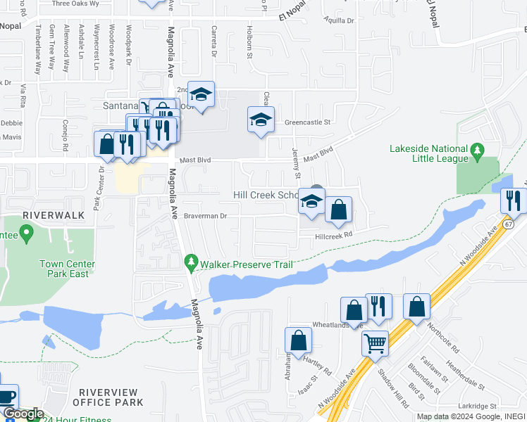 map of restaurants, bars, coffee shops, grocery stores, and more near 10660 Braverman Drive in Santee