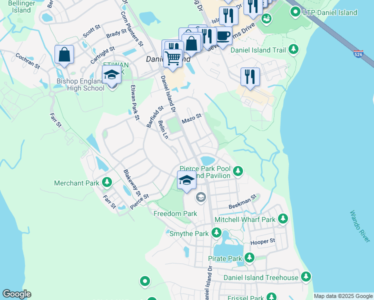 map of restaurants, bars, coffee shops, grocery stores, and more near 2257 Daniel Island Drive in Charleston