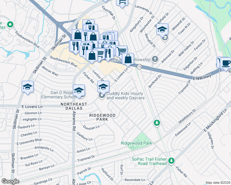 map of restaurants, bars, coffee shops, grocery stores, and more near 6514 Arborist Lane in Dallas