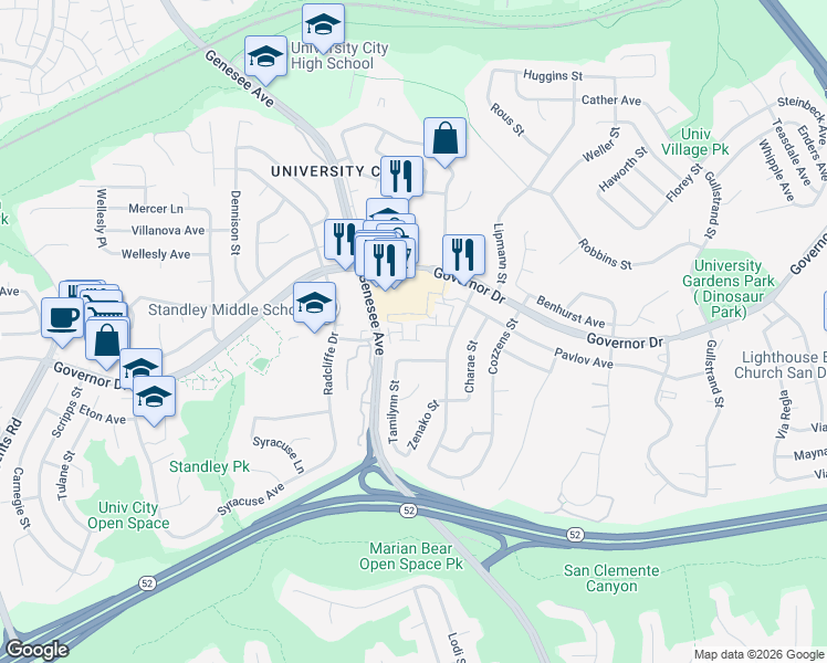 map of restaurants, bars, coffee shops, grocery stores, and more near 6182 Agee Street in San Diego