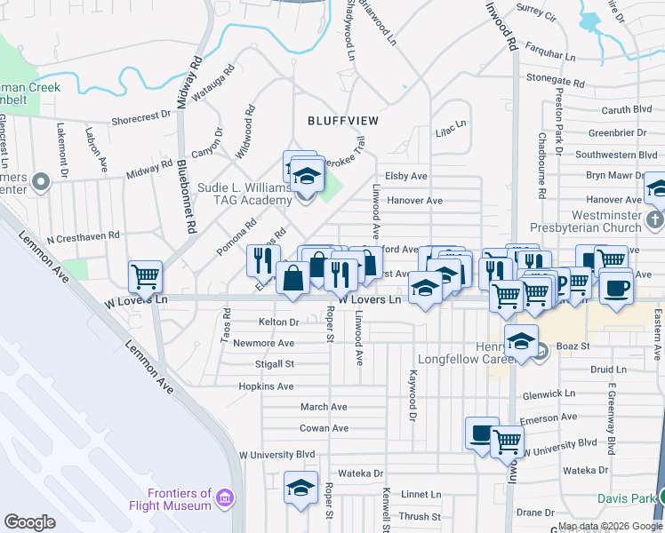 map of restaurants, bars, coffee shops, grocery stores, and more near in Dallas