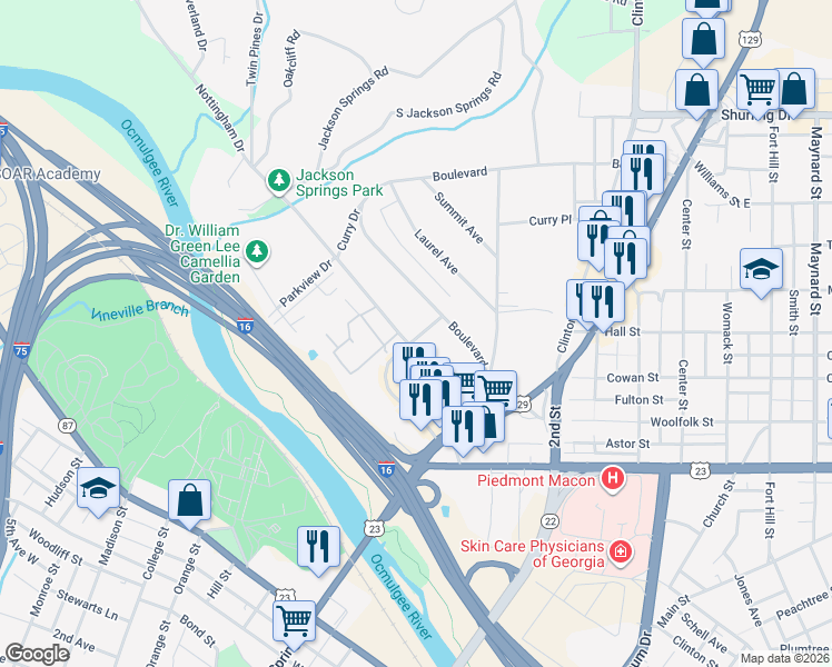 map of restaurants, bars, coffee shops, grocery stores, and more near 813 Nottingham Drive in Macon