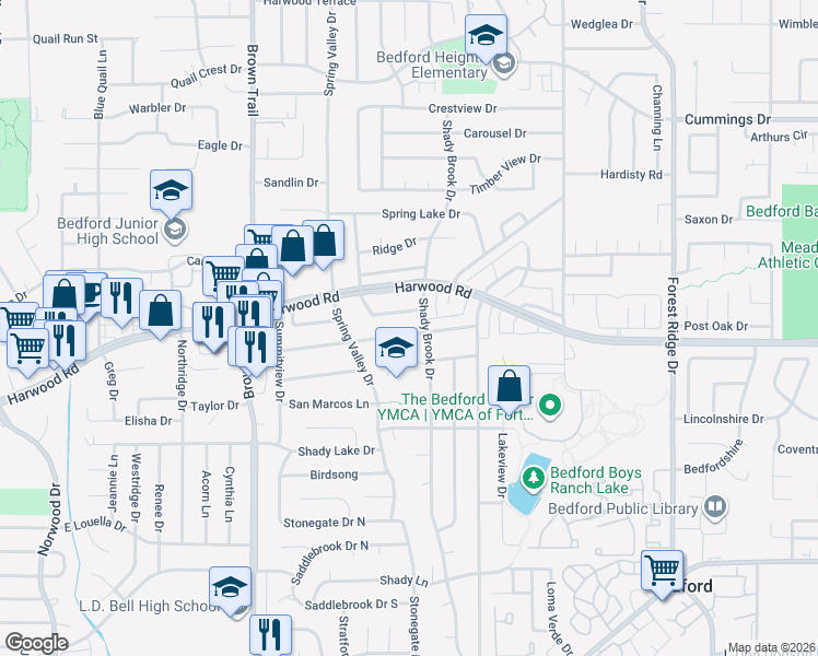 map of restaurants, bars, coffee shops, grocery stores, and more near 934 Shady Creek Lane in Bedford