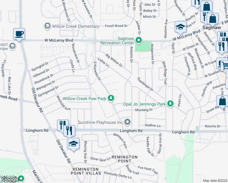 map of restaurants, bars, coffee shops, grocery stores, and more near 821 Willow Court in Saginaw