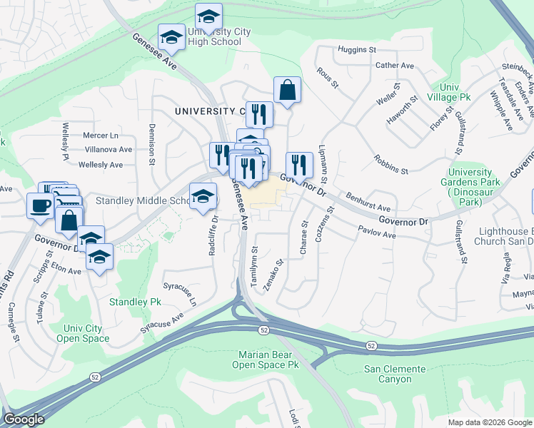 map of restaurants, bars, coffee shops, grocery stores, and more near 6182 Agee Street in San Diego
