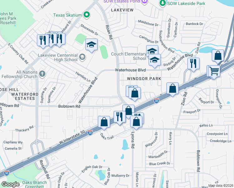 map of restaurants, bars, coffee shops, grocery stores, and more near 3927 Easton Meadows Drive in Garland