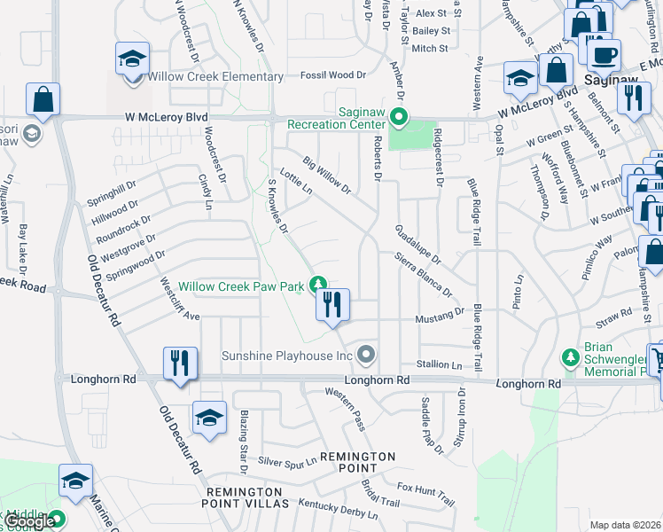 map of restaurants, bars, coffee shops, grocery stores, and more near 808 Willow Court in Saginaw