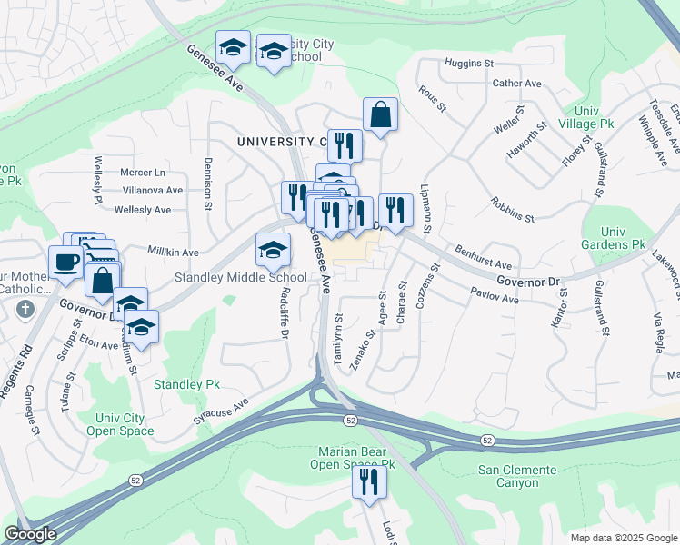 map of restaurants, bars, coffee shops, grocery stores, and more near 6204 Agee Street in San Diego