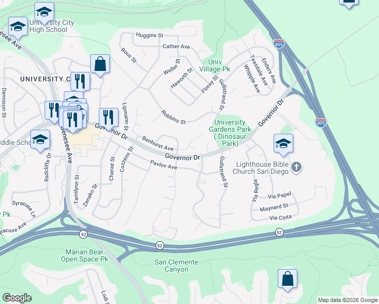 map of restaurants, bars, coffee shops, grocery stores, and more near 4545 Benhurst Avenue in San Diego