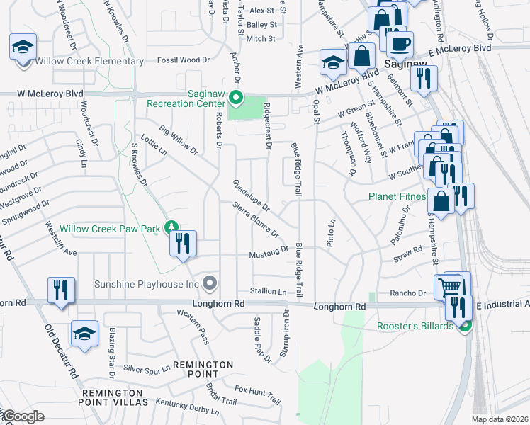 map of restaurants, bars, coffee shops, grocery stores, and more near 500 Guadalupe Drive in Saginaw