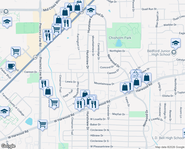map of restaurants, bars, coffee shops, grocery stores, and more near 2100 Hurstview Drive in Hurst