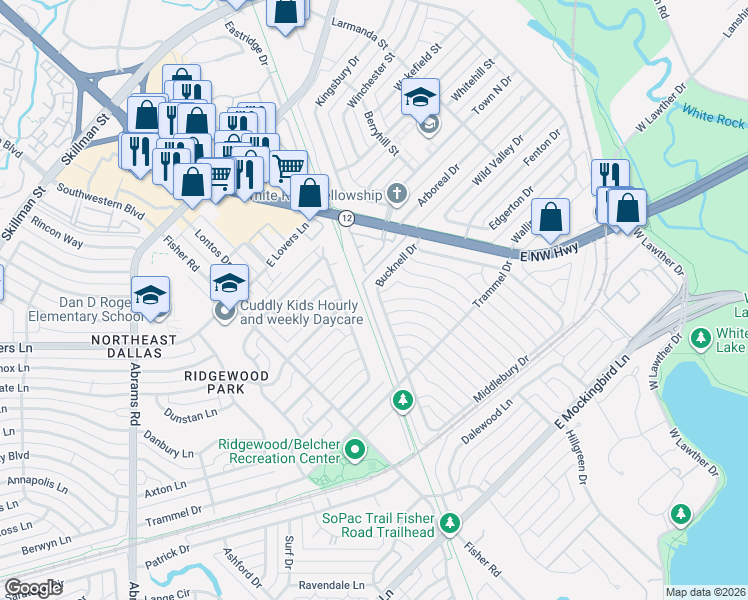 map of restaurants, bars, coffee shops, grocery stores, and more near 7031 Bucknell Drive in Dallas