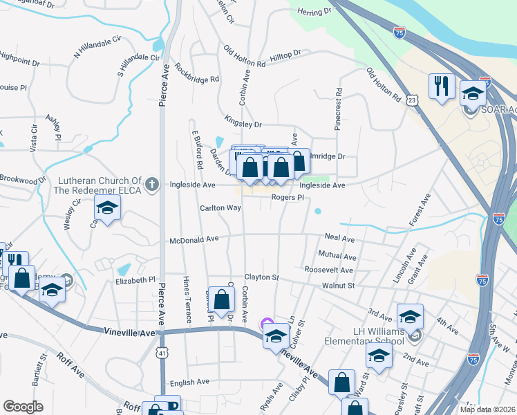 map of restaurants, bars, coffee shops, grocery stores, and more near 344 Leah Place in Macon