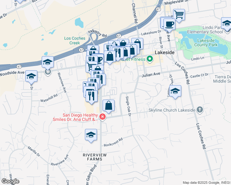 map of restaurants, bars, coffee shops, grocery stores, and more near 9606 Pineapple Place in Lakeside