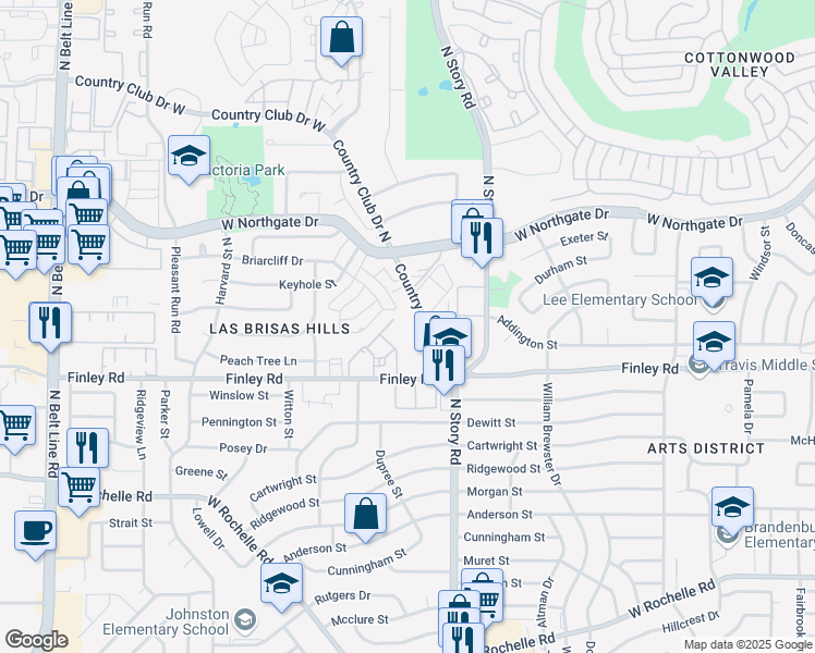 map of restaurants, bars, coffee shops, grocery stores, and more near 3501 Country Club Road North in Irving