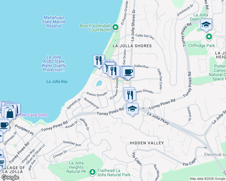 map of restaurants, bars, coffee shops, grocery stores, and more near 8001 Calle De La Plata in San Diego