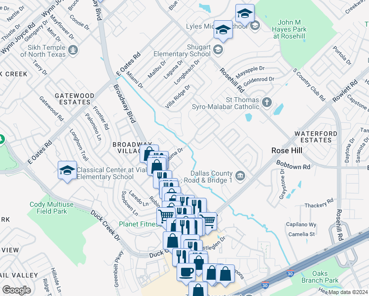 map of restaurants, bars, coffee shops, grocery stores, and more near 622 Tacoma Drive in Garland