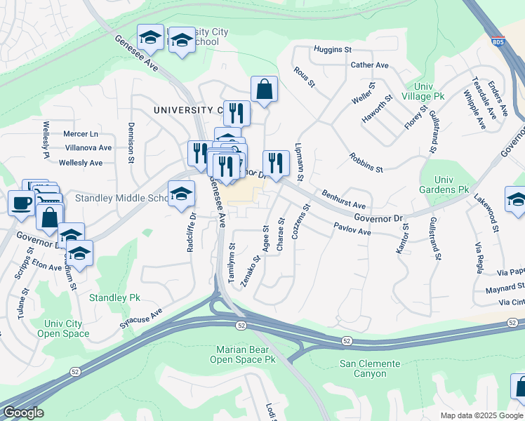 map of restaurants, bars, coffee shops, grocery stores, and more near 6194 Agee Street in San Diego