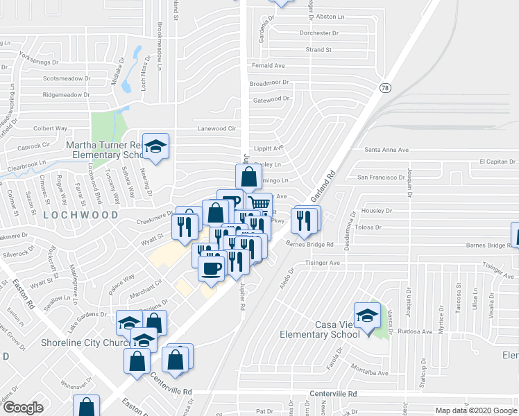 map of restaurants, bars, coffee shops, grocery stores, and more near 11423 Wyatt Street in Dallas