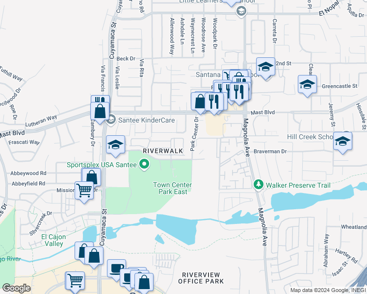 map of restaurants, bars, coffee shops, grocery stores, and more near Star Magnolia Lane in Santee