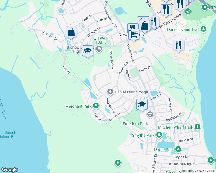 map of restaurants, bars, coffee shops, grocery stores, and more near 7039 Schooner Street in Charleston