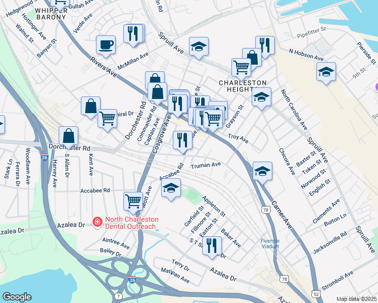 map of restaurants, bars, coffee shops, grocery stores, and more near 2116-2198 Carver Avenue in North Charleston