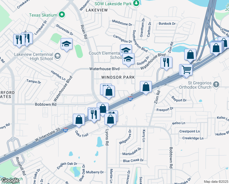 map of restaurants, bars, coffee shops, grocery stores, and more near 5213 Wolverton Court in Garland