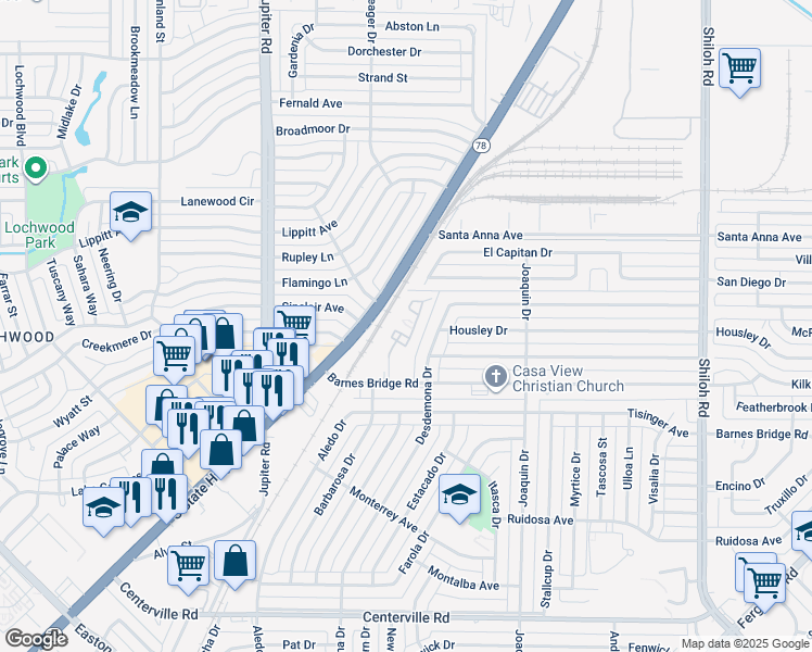 map of restaurants, bars, coffee shops, grocery stores, and more near 1842 El Capitan Drive in Dallas