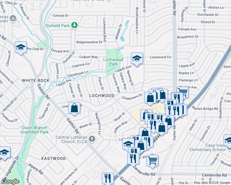 map of restaurants, bars, coffee shops, grocery stores, and more near 11622 Lochwood Boulevard in Dallas
