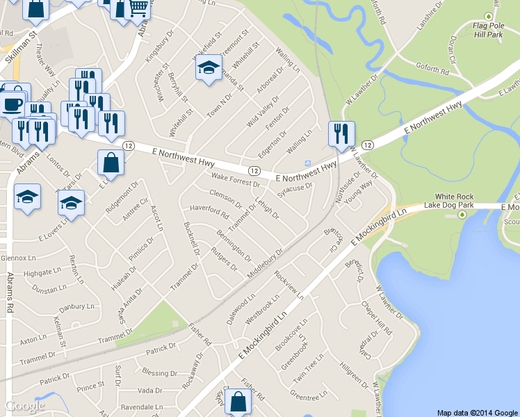 map of restaurants, bars, coffee shops, grocery stores, and more near 7120 Lehigh Drive in Dallas