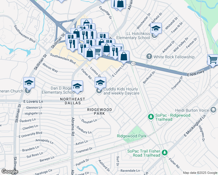 map of restaurants, bars, coffee shops, grocery stores, and more near 6514 Arborist Lane in Dallas