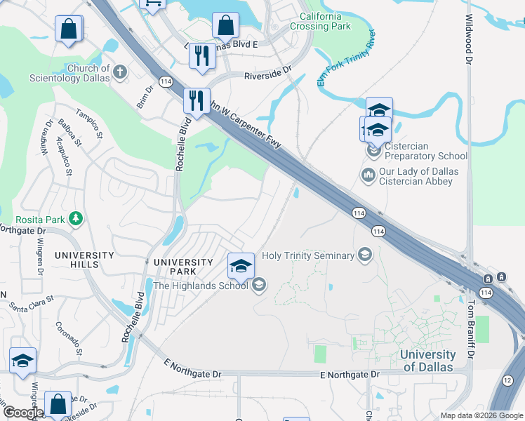 map of restaurants, bars, coffee shops, grocery stores, and more near 3589 Hathaway Court in Irving