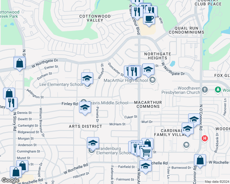 map of restaurants, bars, coffee shops, grocery stores, and more near 3518 West Bangor Court in Irving