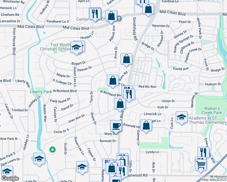 map of restaurants, bars, coffee shops, grocery stores, and more near 7766 North College Circle in North Richland Hills