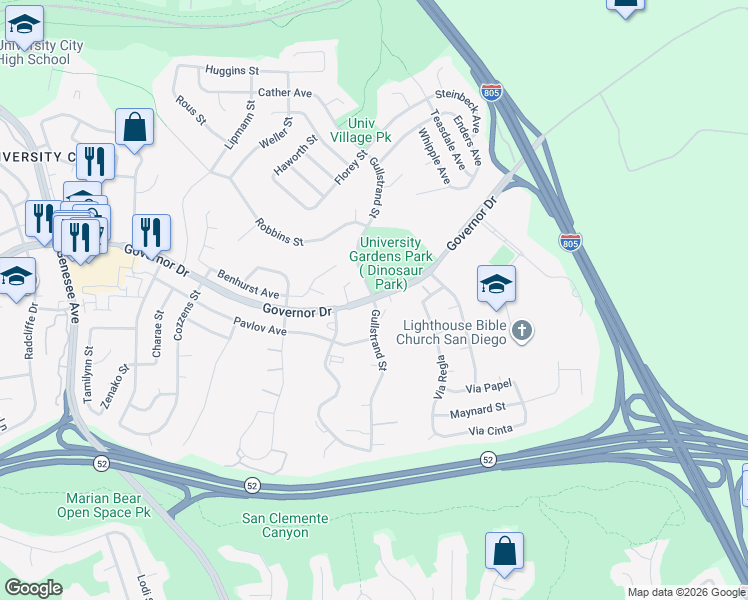 map of restaurants, bars, coffee shops, grocery stores, and more near Gullstrand St & Governor Dr in San Diego