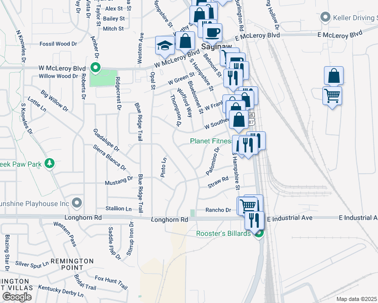 map of restaurants, bars, coffee shops, grocery stores, and more near 337 Saddle Trail in Saginaw