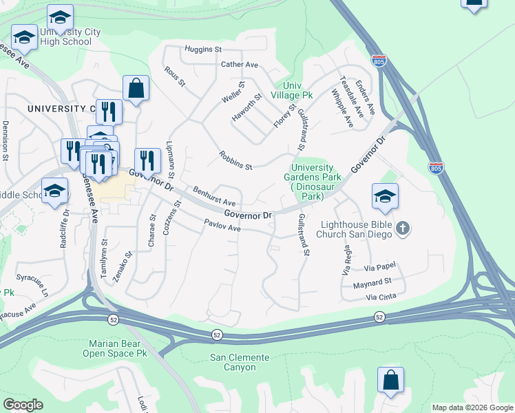map of restaurants, bars, coffee shops, grocery stores, and more near 4545 Benhurst Avenue in San Diego