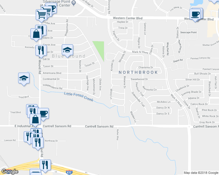 map of restaurants, bars, coffee shops, grocery stores, and more near 5973 Missy Lane in Fort Worth
