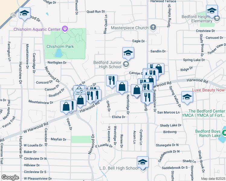 map of restaurants, bars, coffee shops, grocery stores, and more near 2928 Blue Quail Lane in Bedford