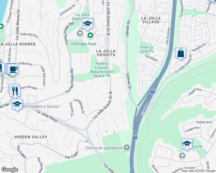 map of restaurants, bars, coffee shops, grocery stores, and more near 8080 La Jolla Scenic Drive North in San Diego
