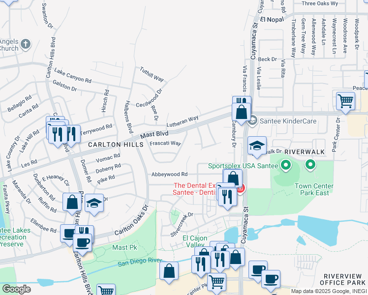 map of restaurants, bars, coffee shops, grocery stores, and more near 9629 East Hartland Circle in Santee